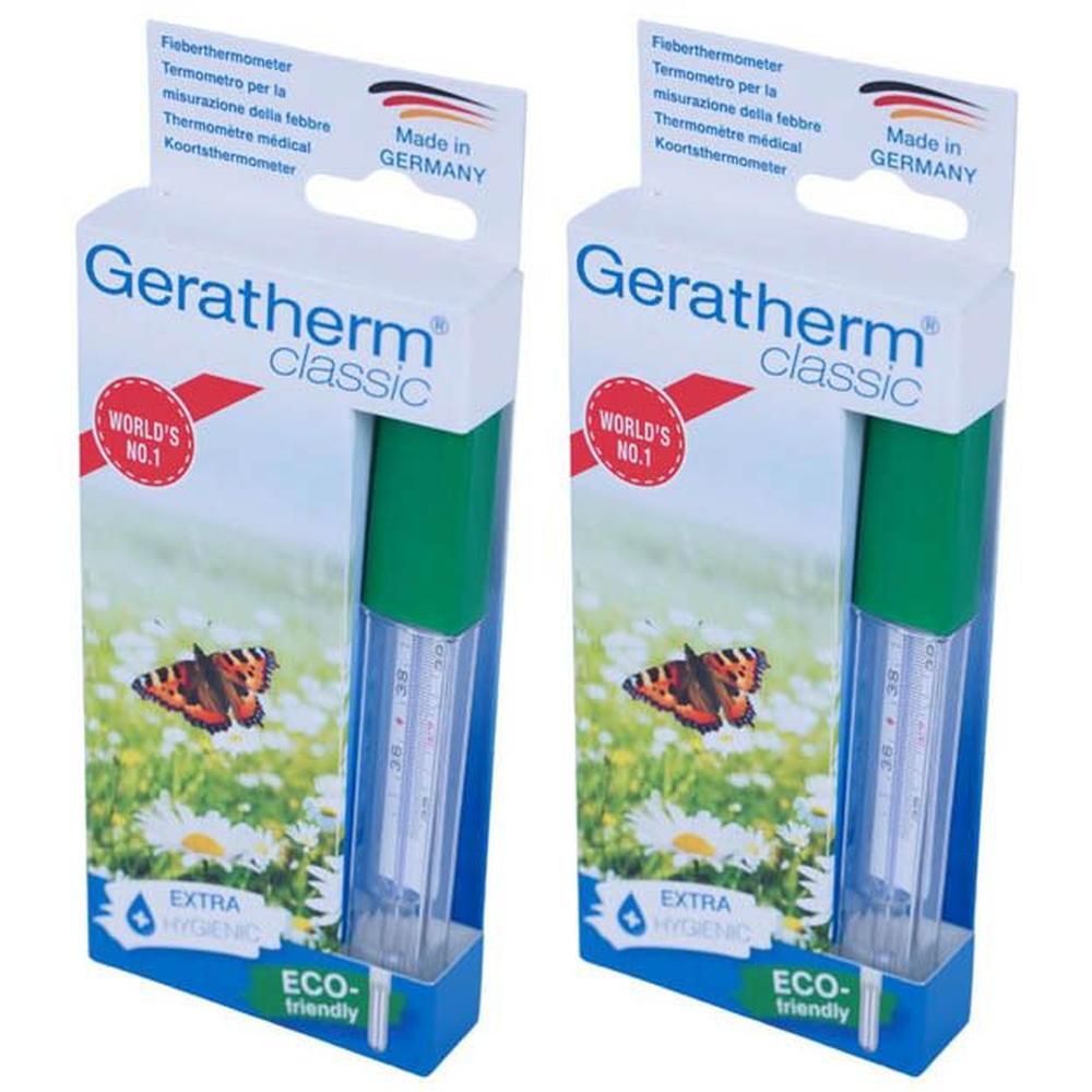 Deux thermomètres Geratherm Classic dans leur emballage. Sans mercure, fabriqué en Allemagne.