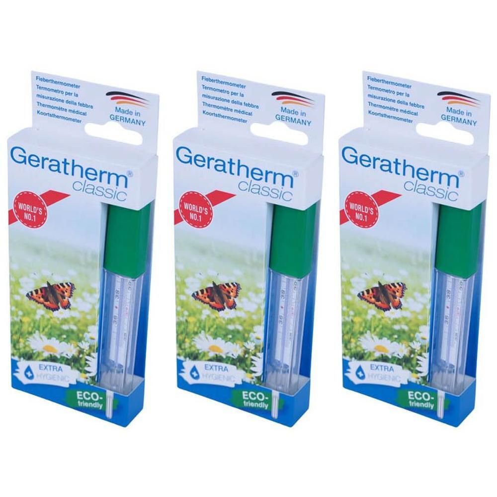 Drie Geratherm Classic thermometers in enkele verpakking. Glazen thermometers met groene dop en schaal.