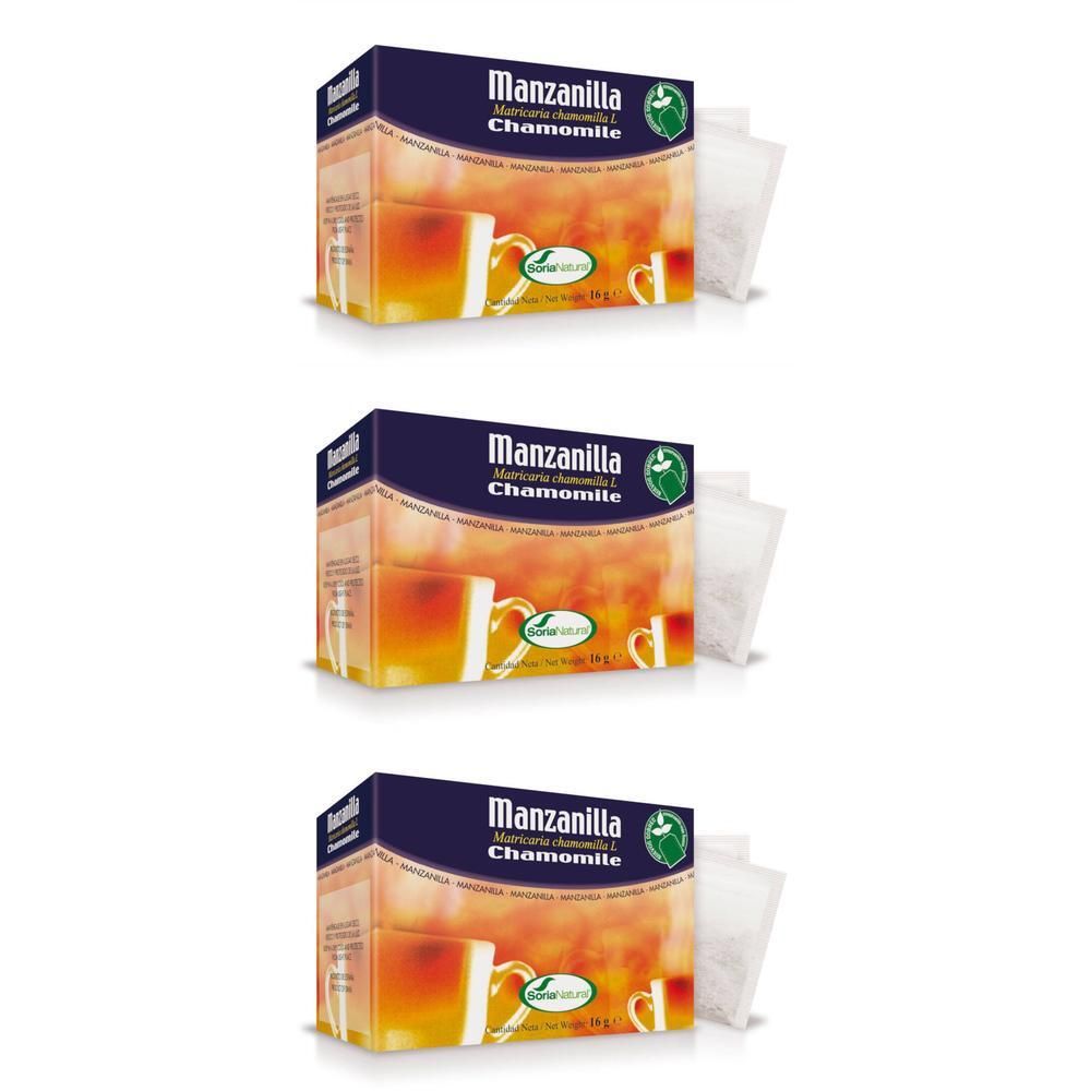 Trois boîtes de thé à la camomille, chacune contenant 20 sachets. L'emballage montre une tasse de thé et le nom de la marque.
