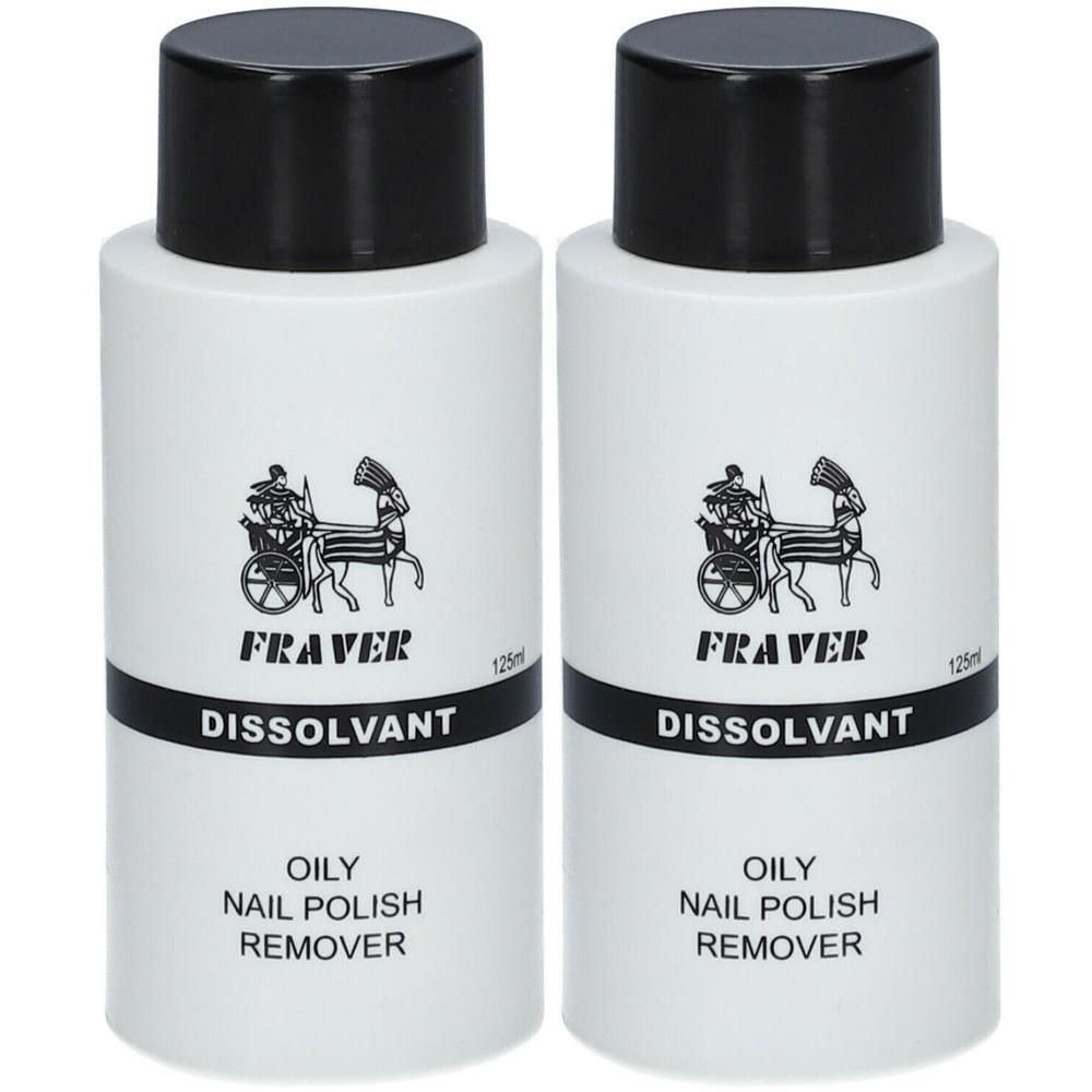 Twee witte flessen met zwarte dop, Fraver Dissolvant Oily Nail Polish Remover, 125ml.