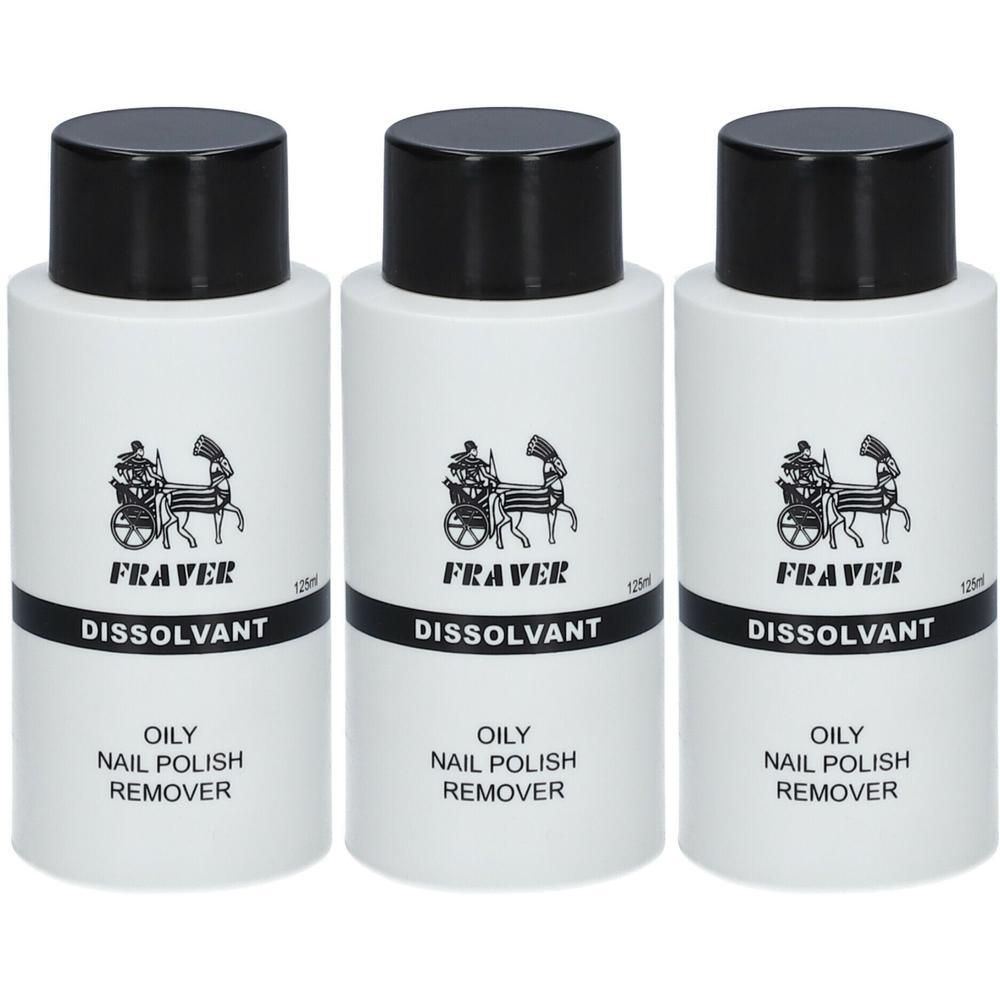 Trois flacons blancs à bouchon noir, dissolvant pour vernis à ongles Fraver, 125ml.