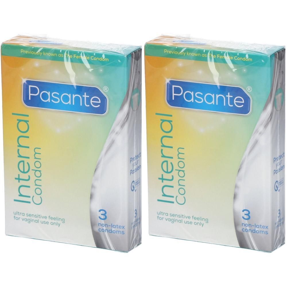 Deux boîtes de préservatifs internes Pasante, 3 par boîte, sans latex.