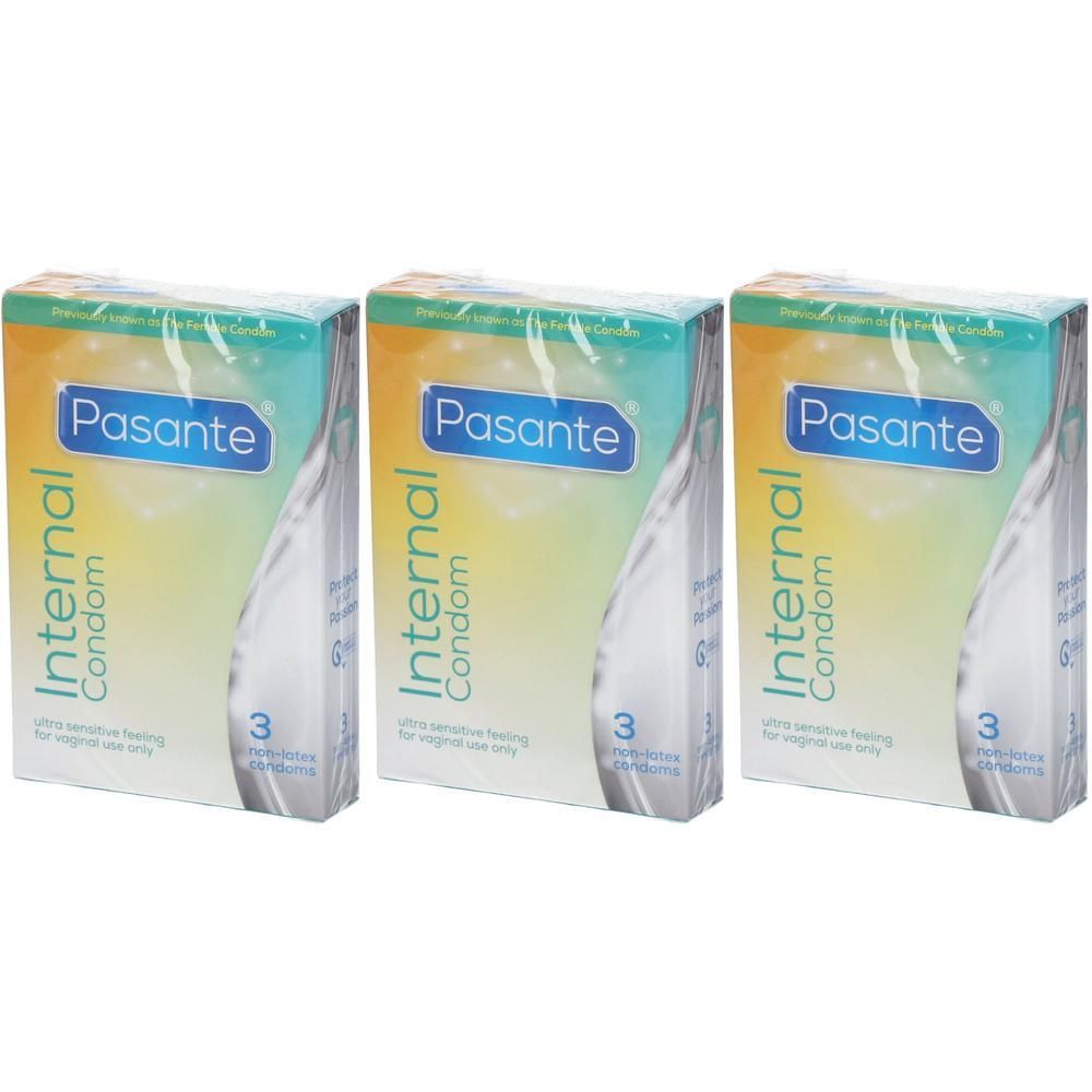 Drie pakken Pasante interne condooms, 3 per pak.