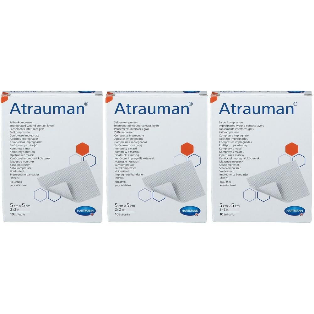 Drie pakken Hartmann Atrauman steriele wondkompressen, 5x5cm.