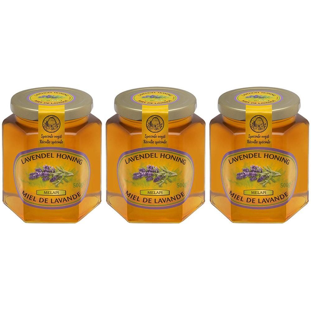 Trois pots de miel de lavande avec des étiquettes montrant des branches de lavande.