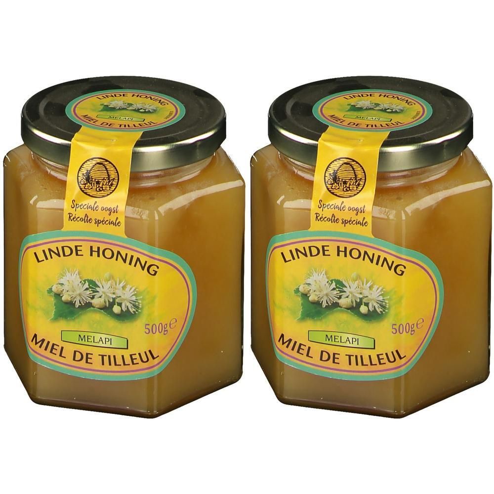Deux pots de miel de tilleul, 500g chacun. Miel naturel à l'arôme floral.
