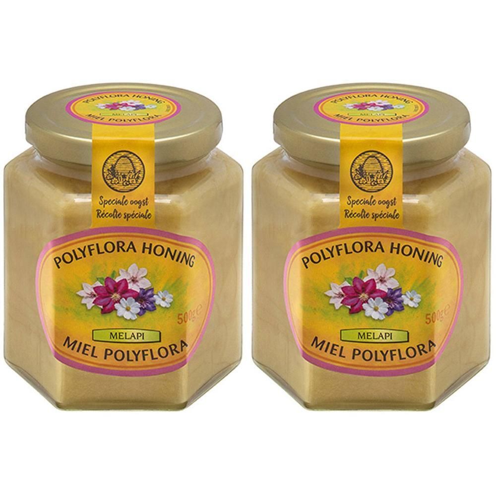 Deux pots de miel Polyflora avec des étiquettes montrant des fleurs et une ruche.