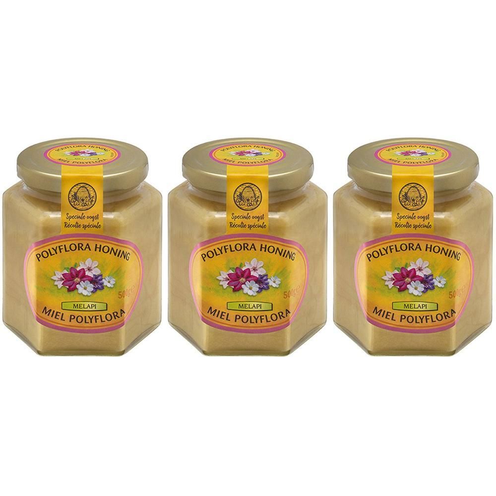 Trois pots de miel Melapi Polyflora avec des étiquettes montrant des fleurs et du texte.