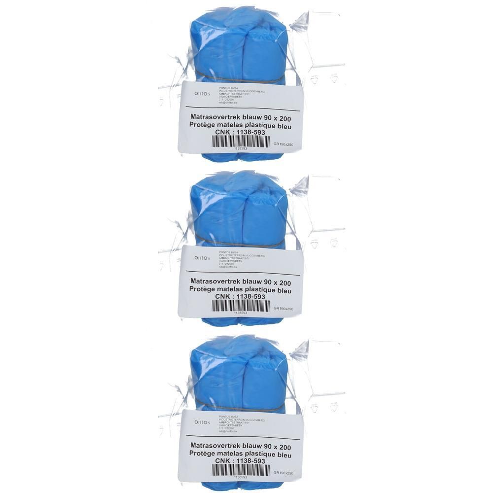 Trois protège-matelas bleus en plastique, emballés individuellement.