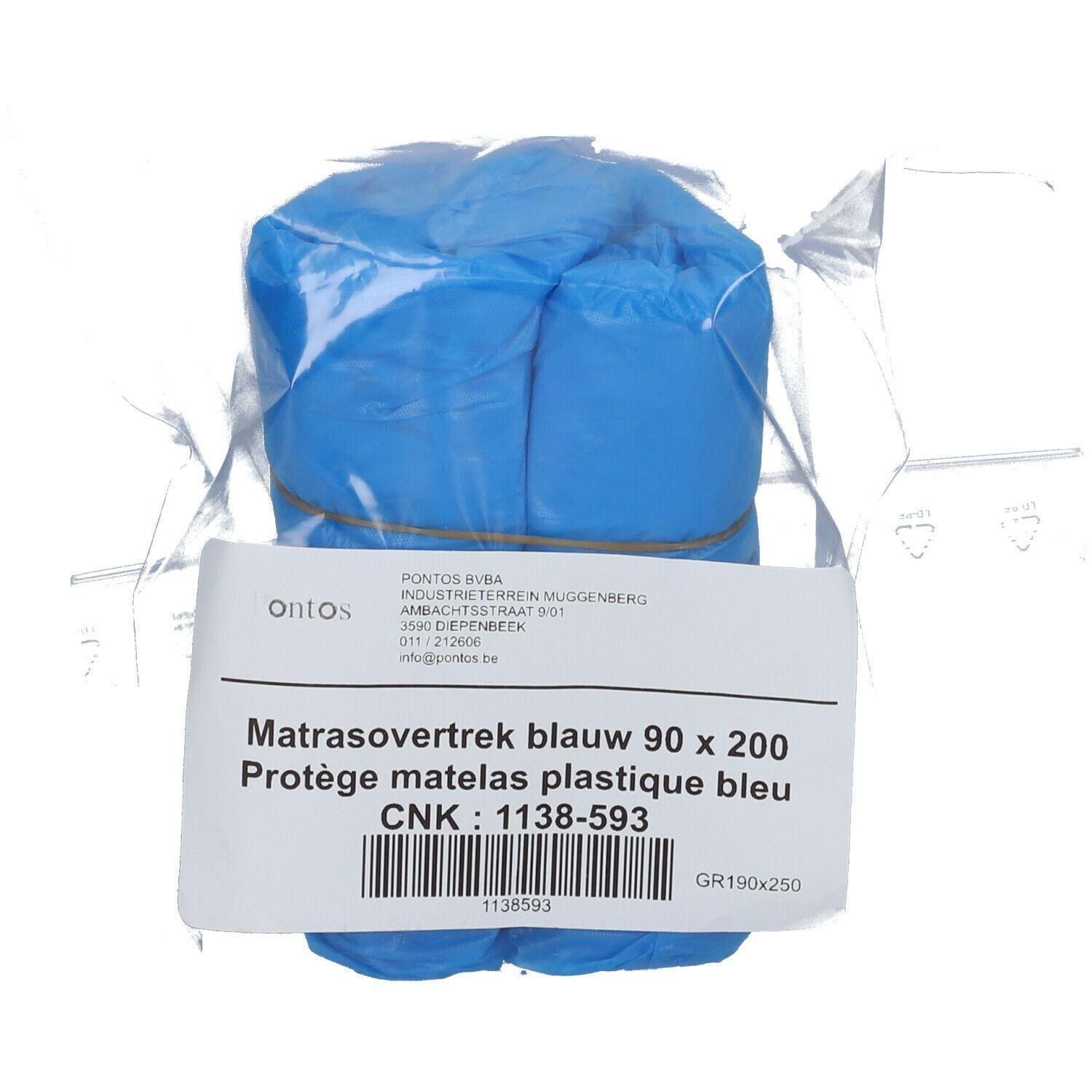 Protège matelas plastique bleu, 90x200 cm, dans son emballage.