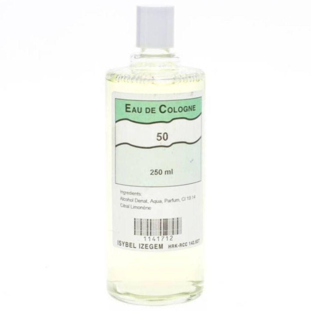 Fles Eau de Cologne met witte dop, 250 ml inhoud.