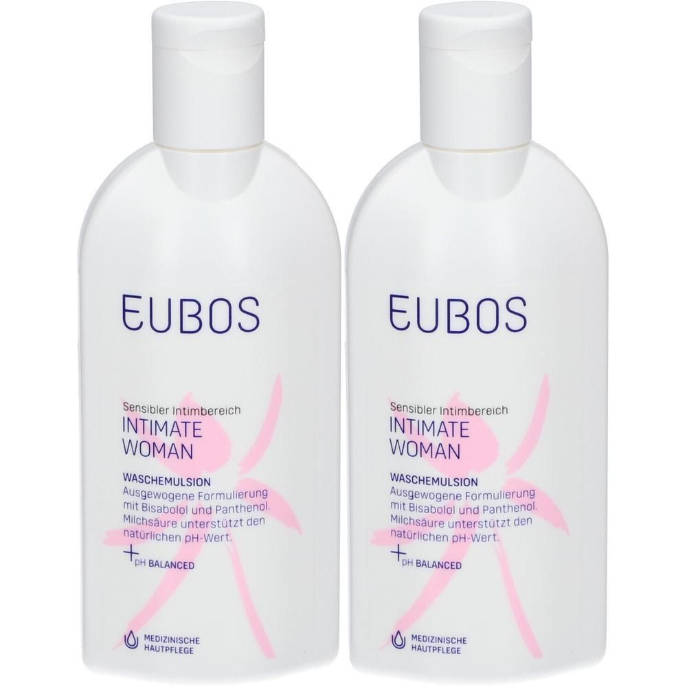 Twee witte flacons Eubos Intimate Woman wasemulsie met roze symbolen en tekst.