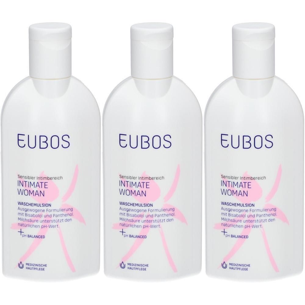 Drie witte flessen Eubos Intimate Woman wasemulsie met roze symbolen en tekst.