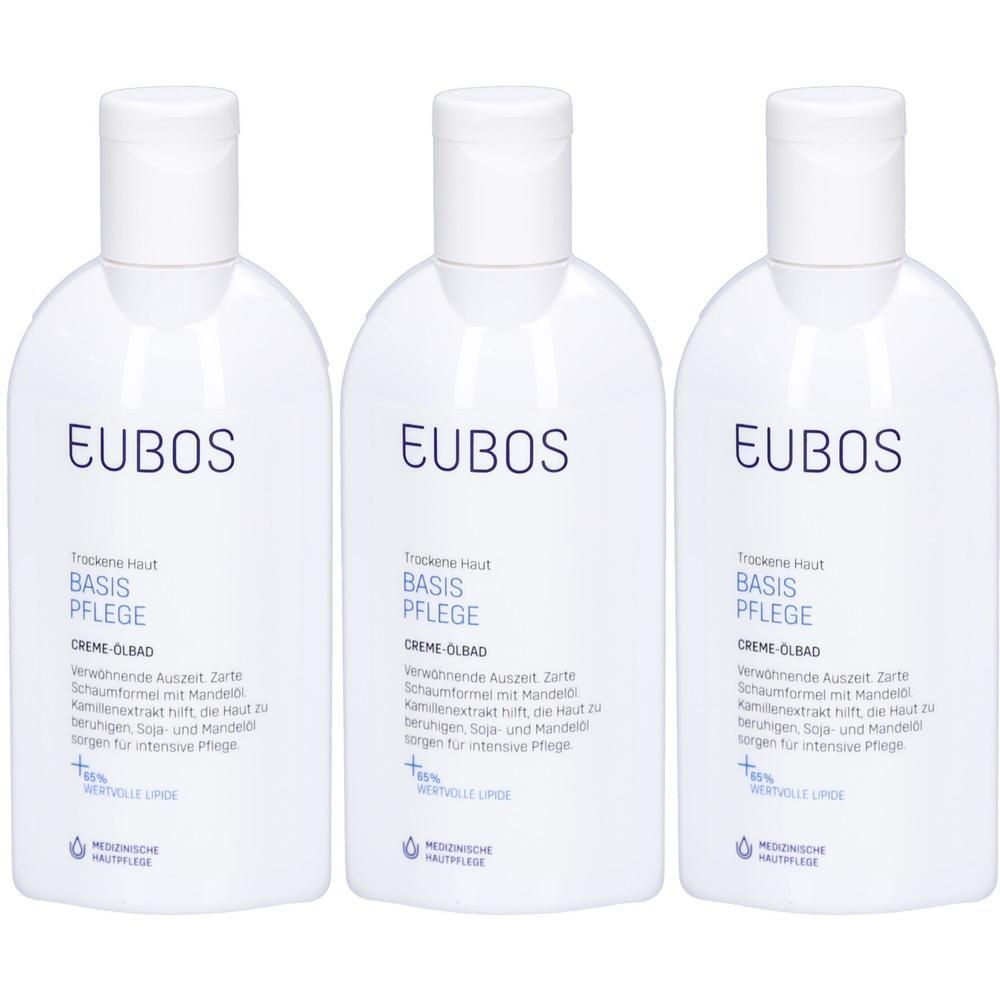Trois flacons blancs Eubos Basis Pflege Crème-Huile Bain avec bouchons à clapet.