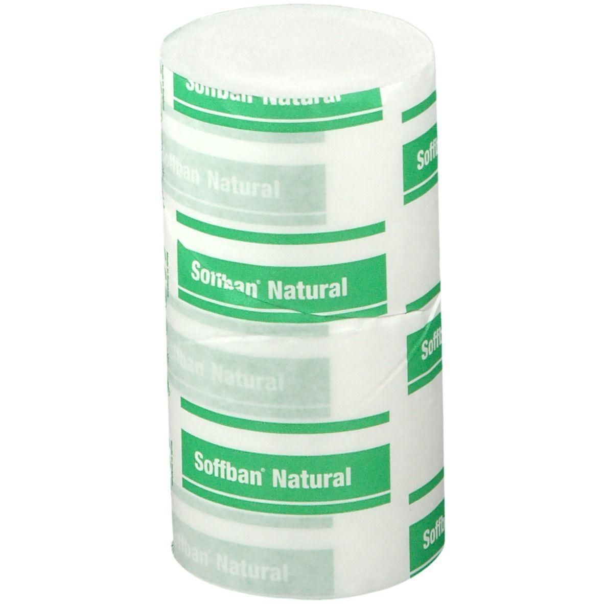 Deux rouleaux de ouate. Inscription : Soffban Natural. Emballage vert et blanc.