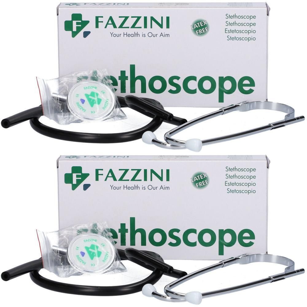Twee Fazzini stethoscopen in verpakking. Zilvergrijze borststukken, zwarte slangen en oordopjes.