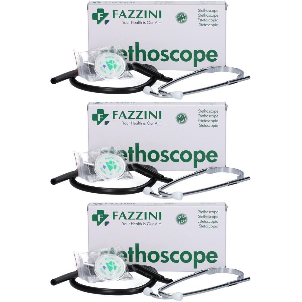 Trois stéthoscopes Fazzini dans leur emballage. Chacun avec un tube noir et une pièce thoracique argentée.