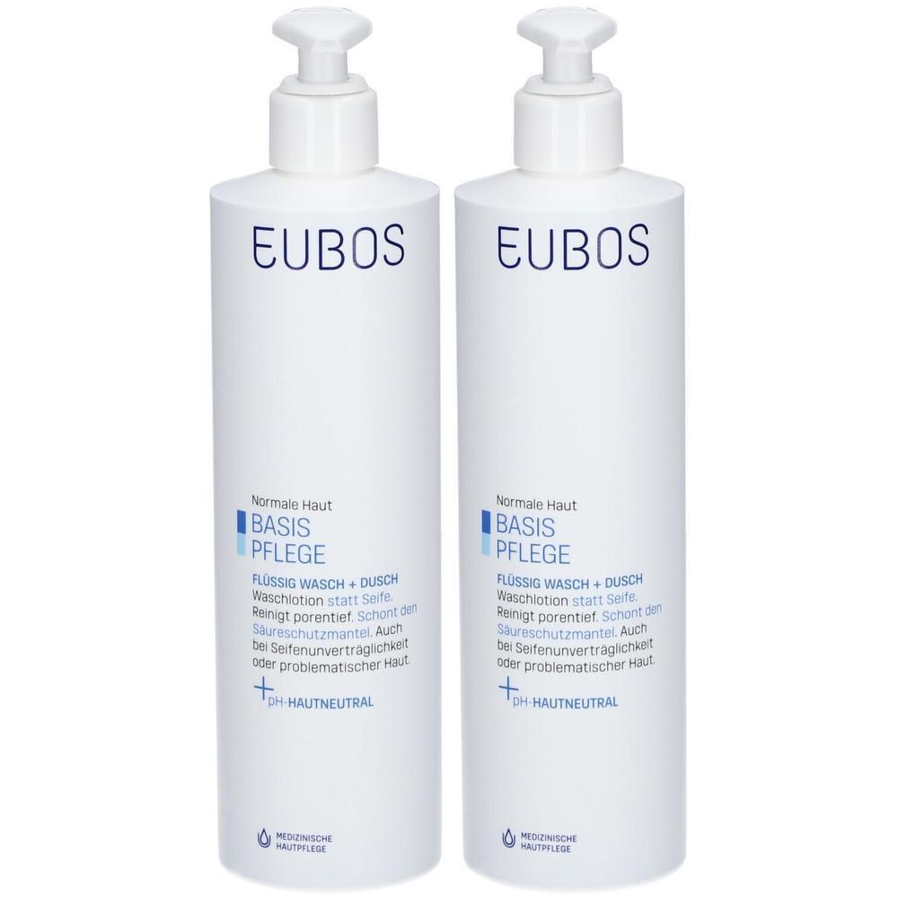 Deux flacons pompe blancs EUBOS Basis Pflege pour peau normale. Lotion lavante liquide.