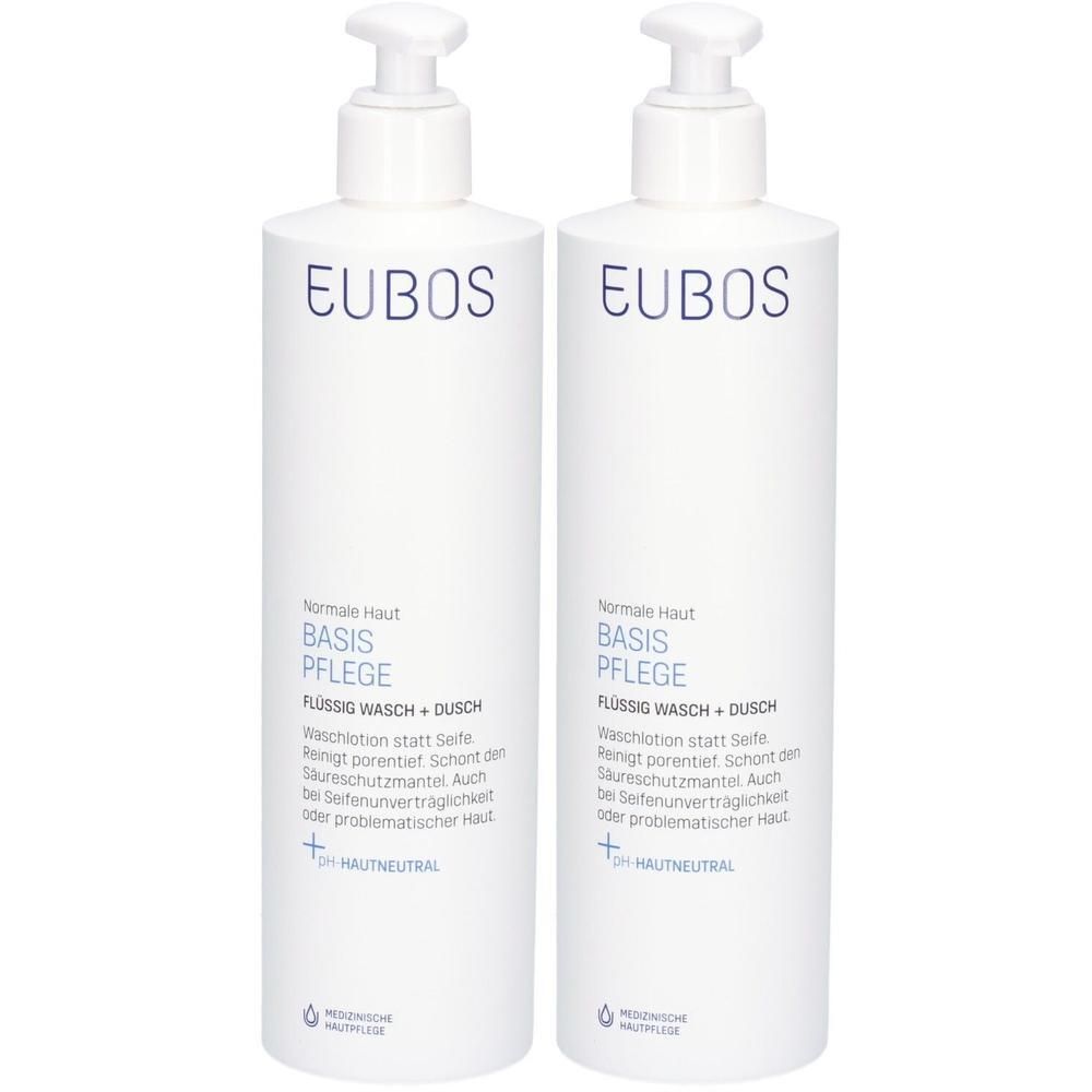 Twee witte pompflesjes Eubos Basis Pflege Vloeibaar Was + Douche.