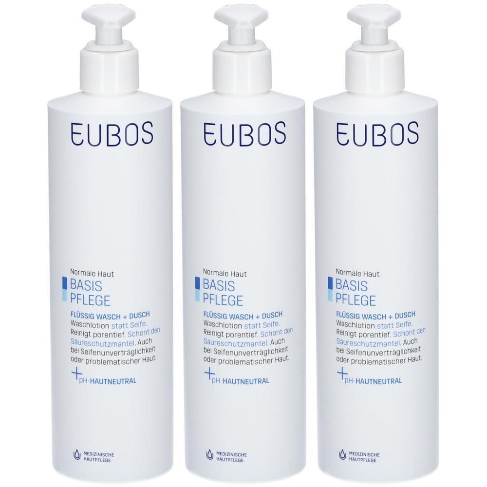 Trois flacons pompe blancs avec EUBOS BASIS PFLEGE Flüssig Wasch + Dusch.
