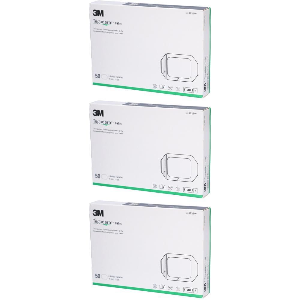 Trois boîtes de 3M Tegaderm Film, transparent, stérile. Chaque boîte contient 50 pansements.