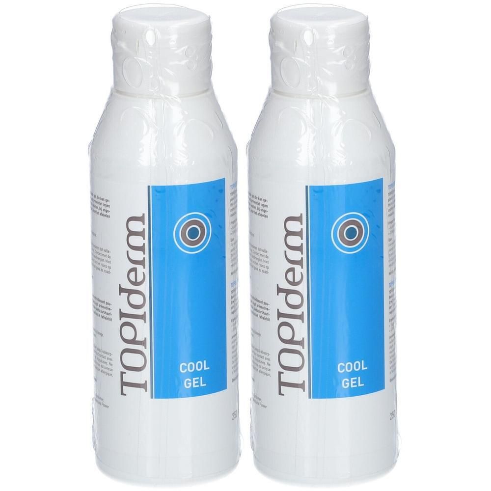 Deux flacons blancs de Topiderm Cool Gel avec étiquettes bleues.