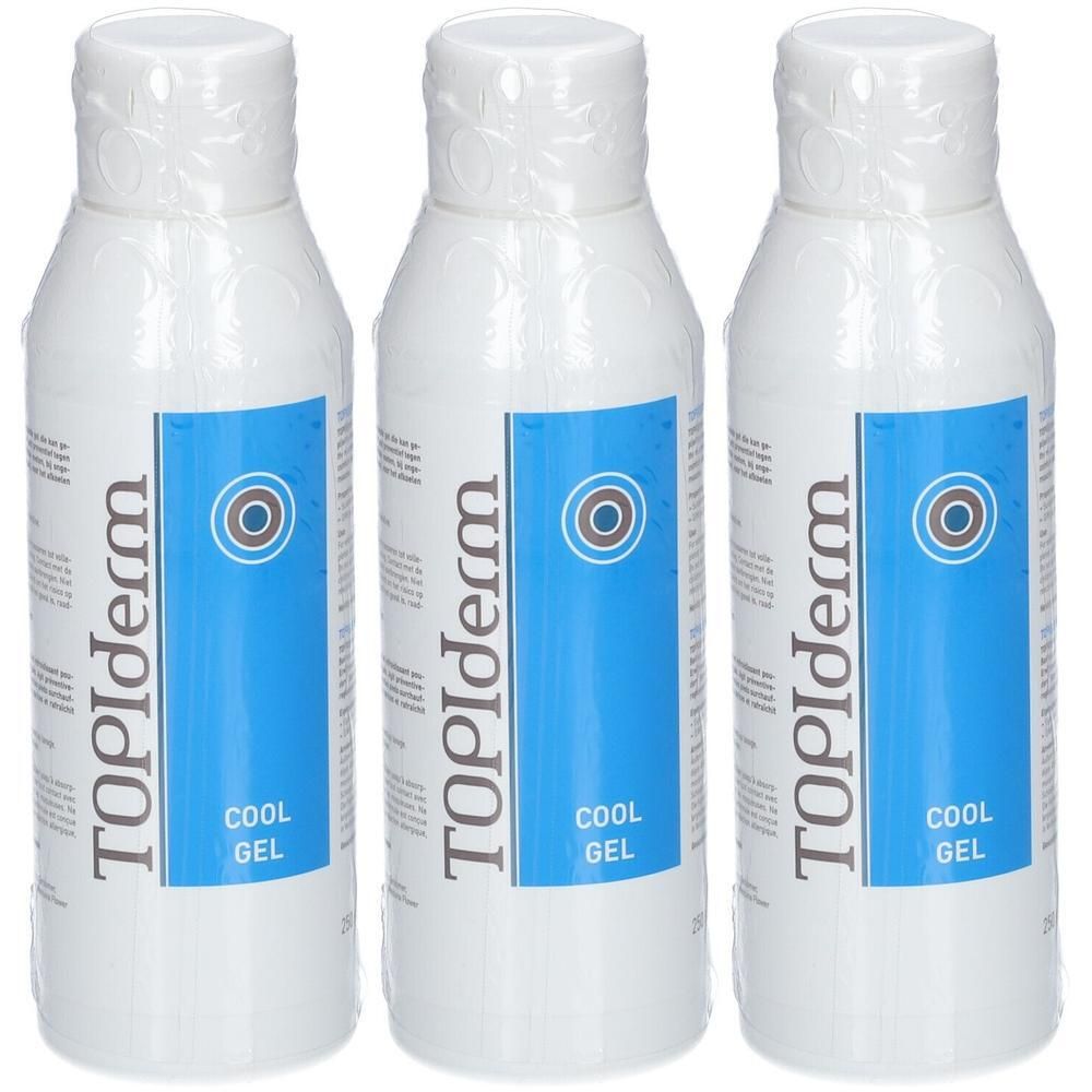 Trois bouteilles blanches de Topiderm Cool Gel avec des étiquettes bleues.