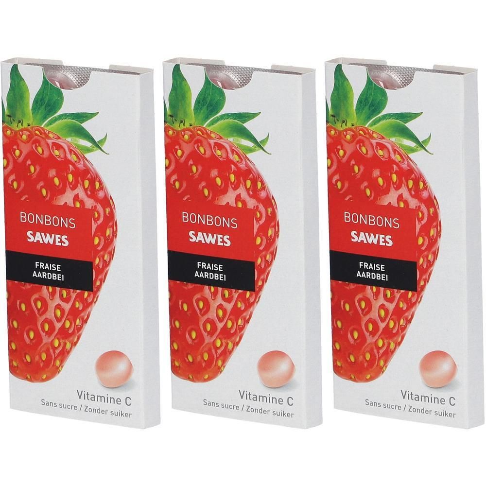 Trois paquets de bonbons Sawes Fraise sans sucre, avec Vitamine C.