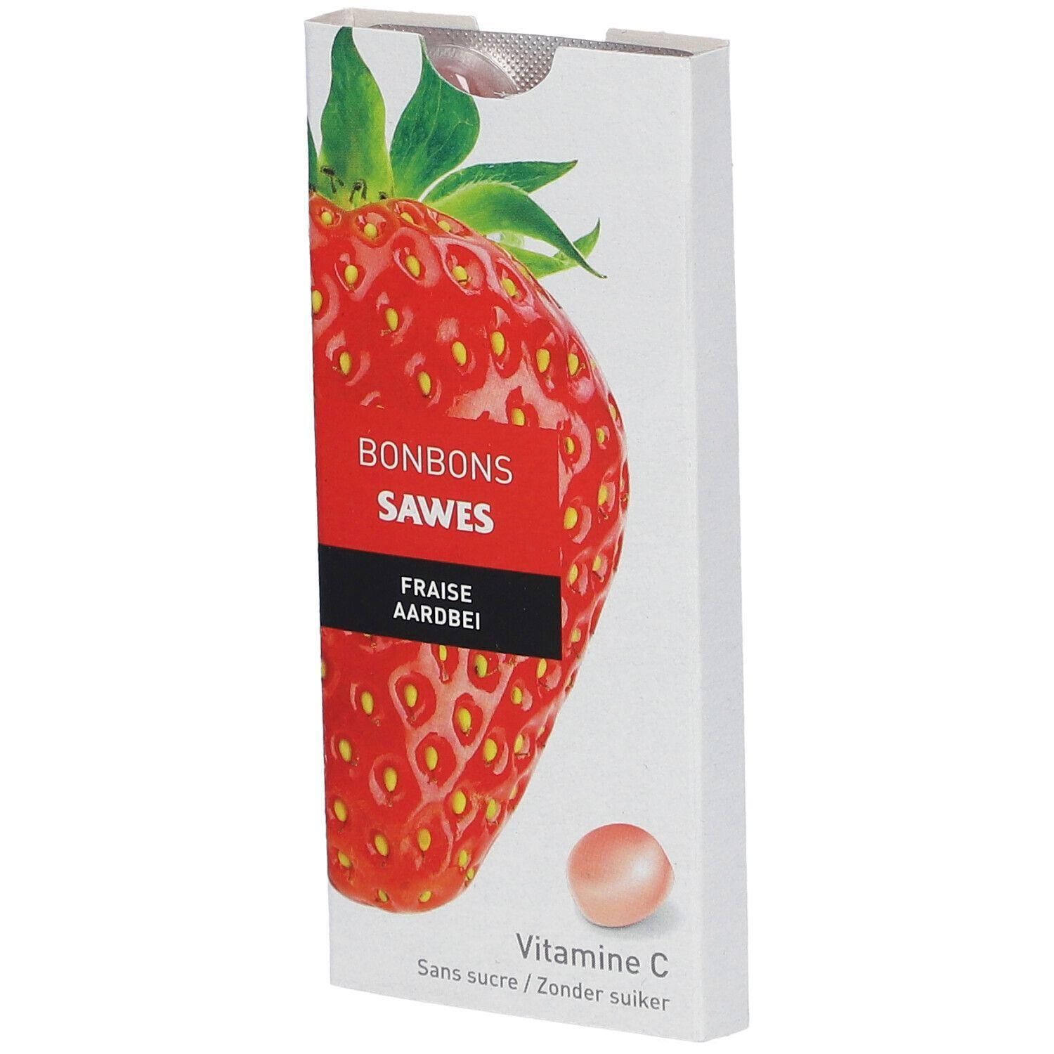 Boîte de bonbons Sawes Fraise, sans sucre, avec Vitamine C.