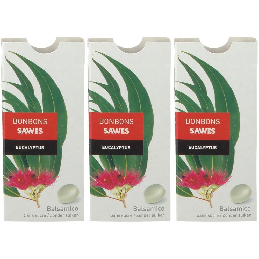 Trois paquets de bonbons Sawes Eucalyptus Sans Sucre avec feuilles et fleurs d'eucalyptus.