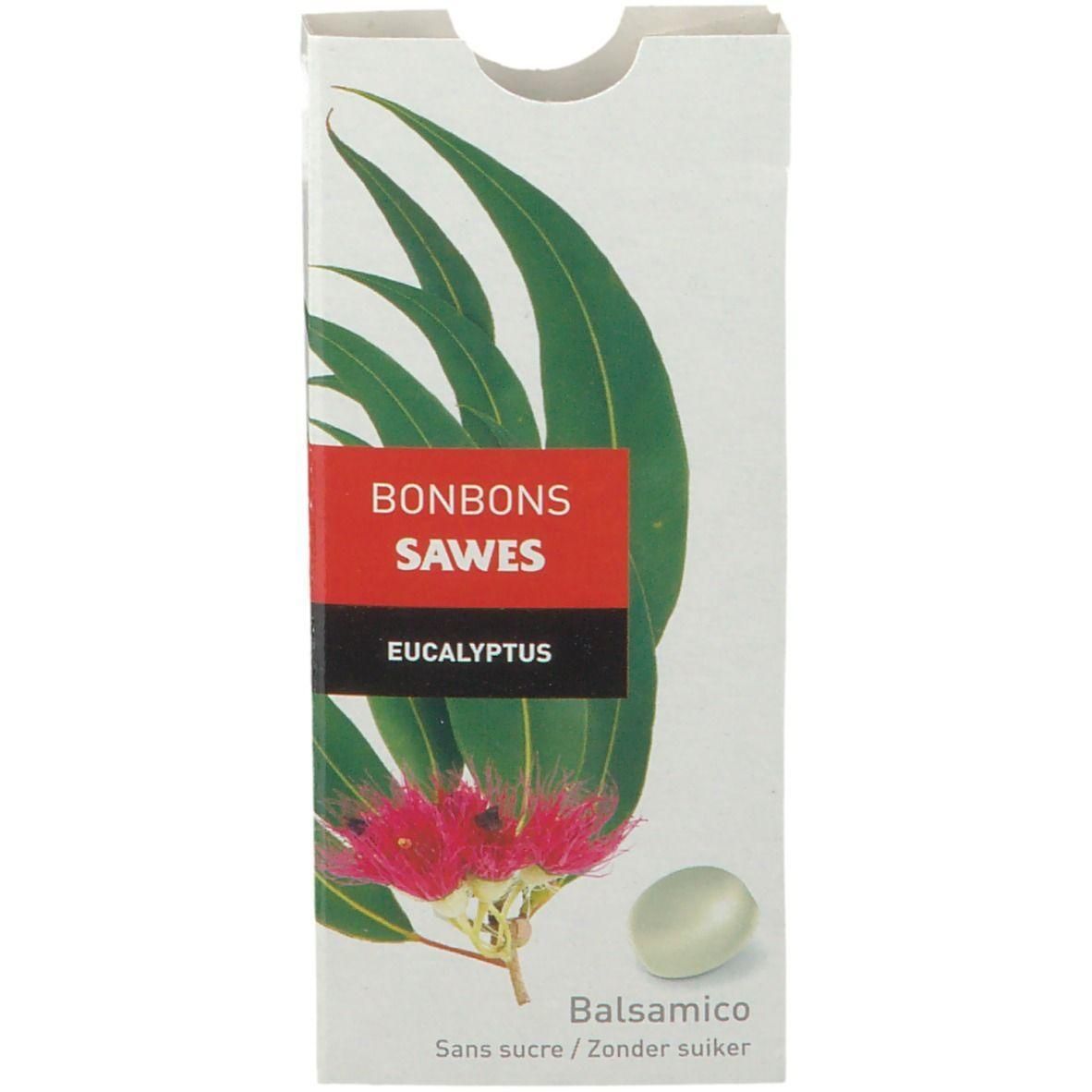 Bonbons Sawes Eucalyptus Sans Sucre : emballage avec motif de feuille d'eucalyptus et un bonbon.