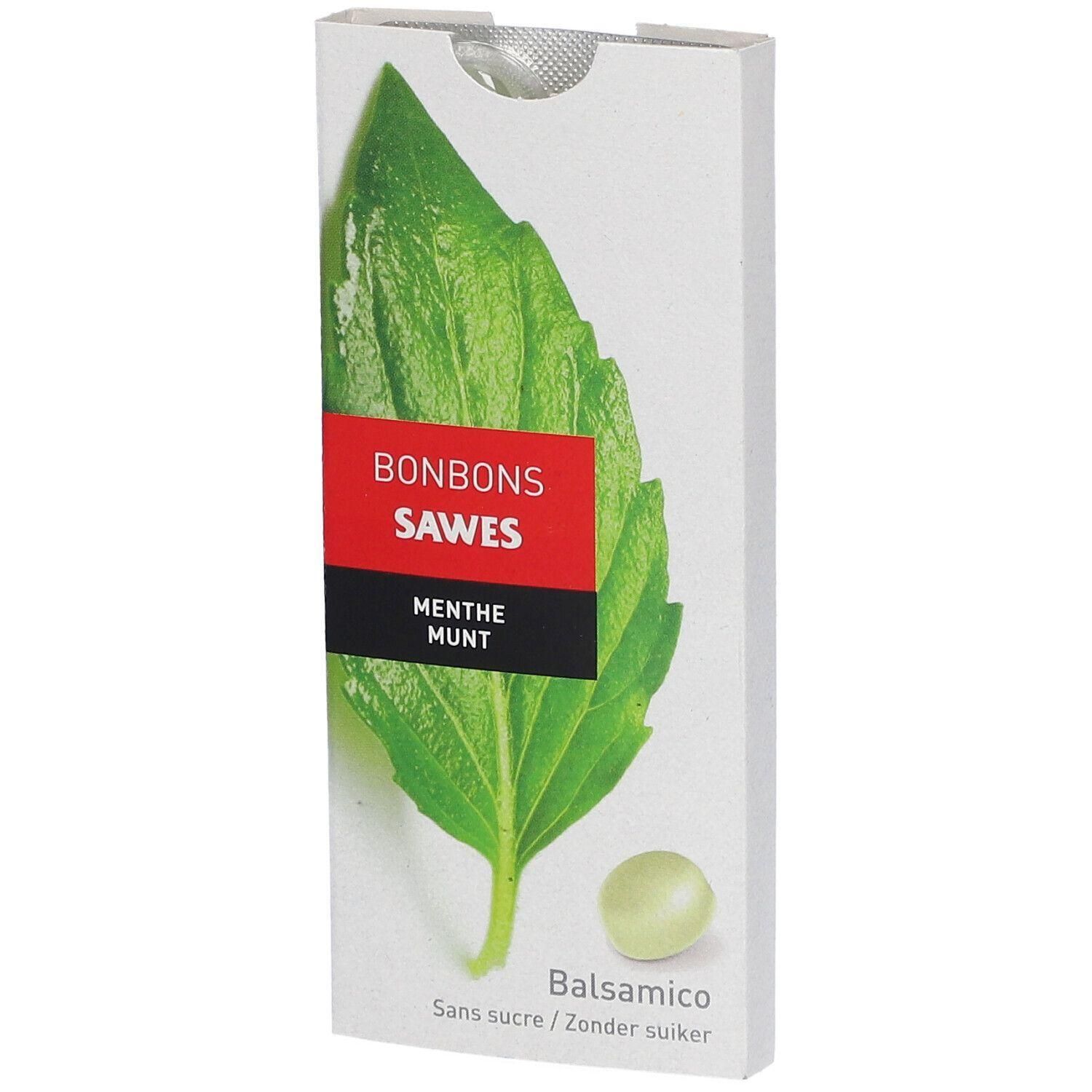 Suikervrije Sawes Munt Balsamico bonbons in witte verpakking met muntblad design.