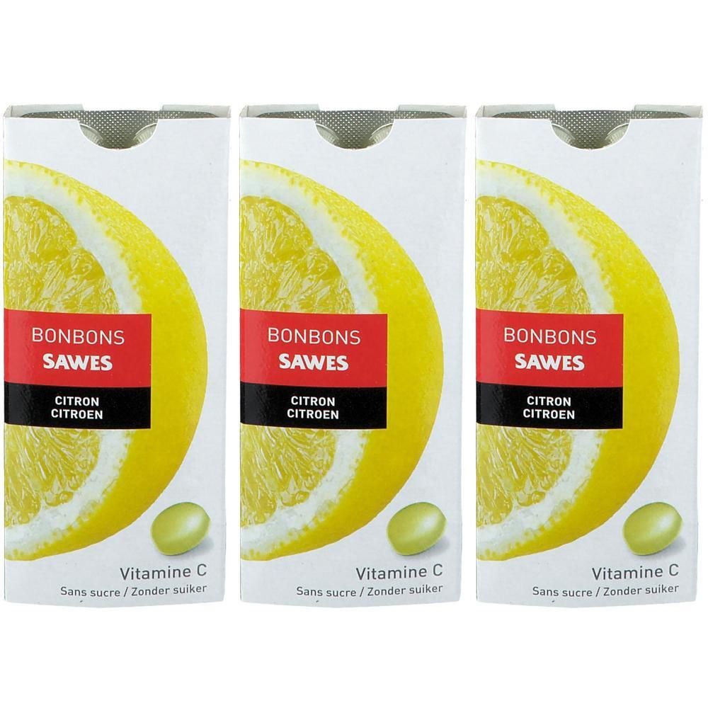 Drie pakken Sawes Bonbons Citron Sans Sucre met citroenafbeelding en Vitamine C vermelding.