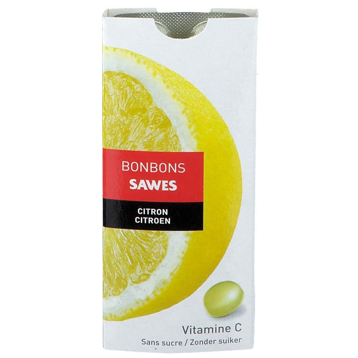 Sawes Bonbons Citron Sans Sucre: Doos met citroenschijf en snoepje. Bevat Vitamine C.