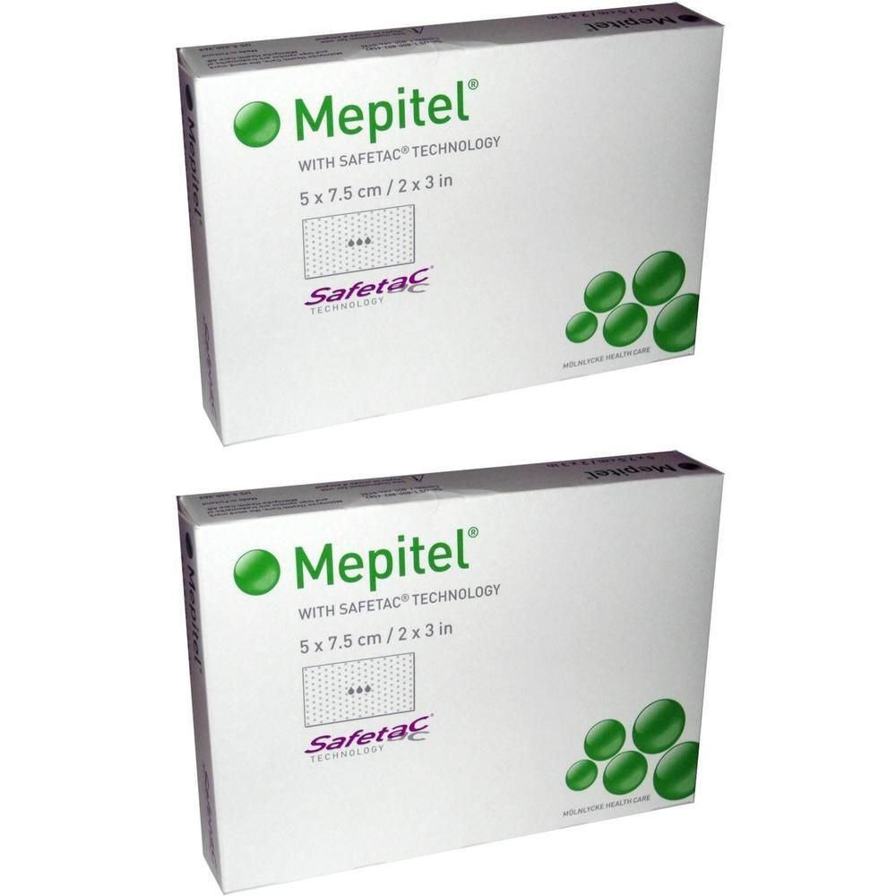 Deux boîtes de pansements Mepitel, 5x7.5cm, avec technologie Safetac.