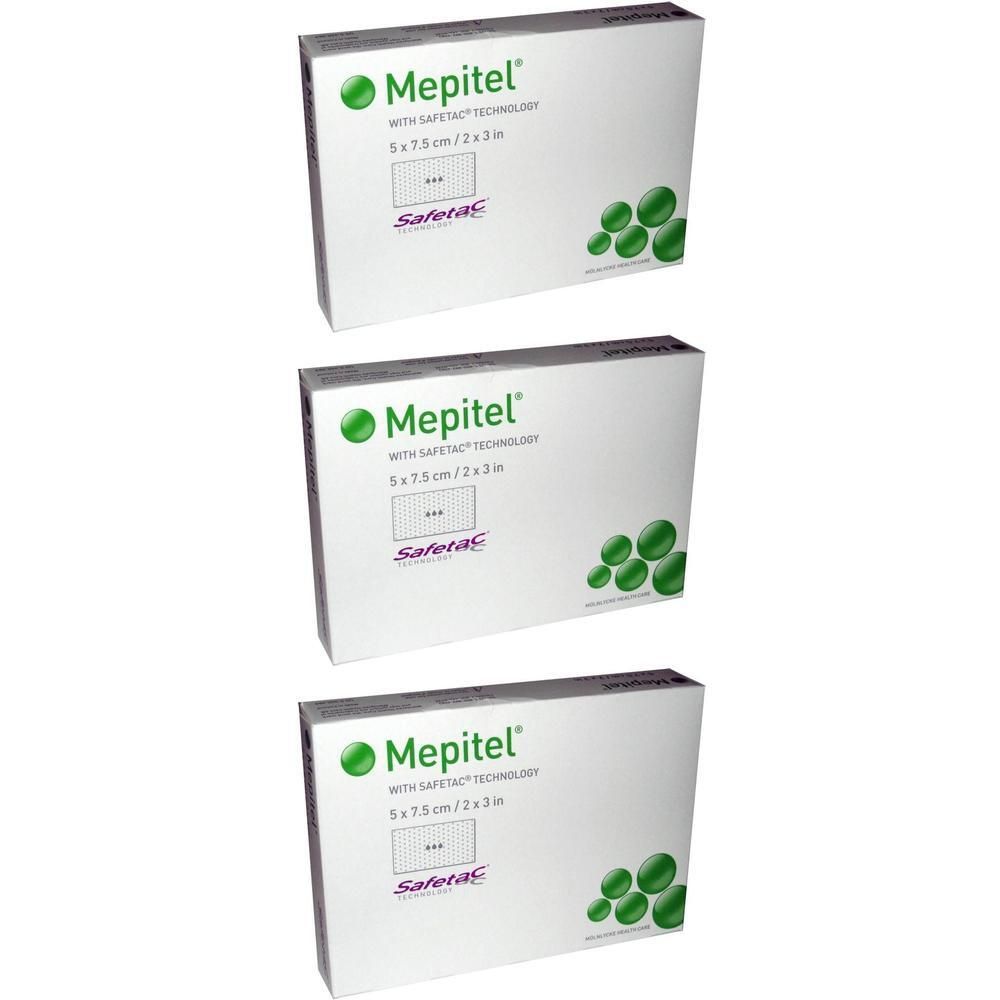 Trois boîtes de pansement Mepitel, 5x7.5cm, avec technologie Safetac.