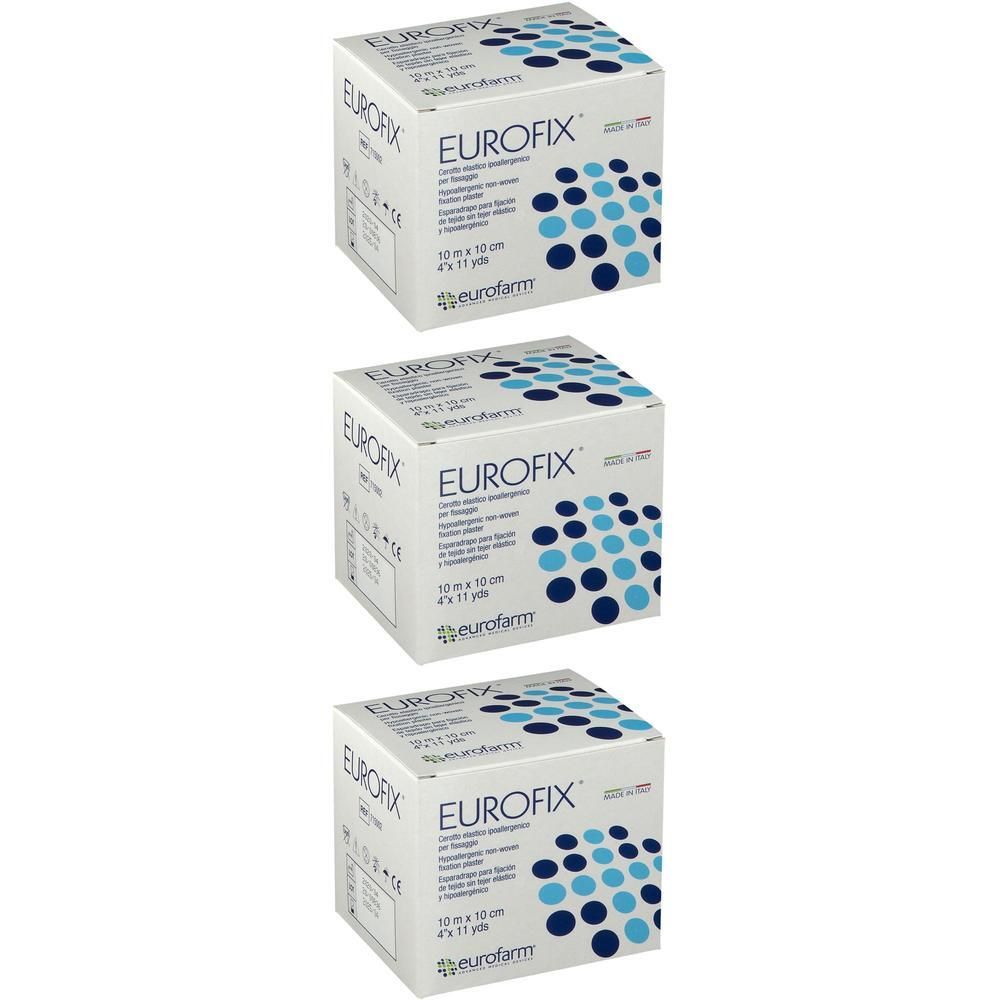 Drie pakken Eurofix fixatietape met blauwe stippen op witte doos.