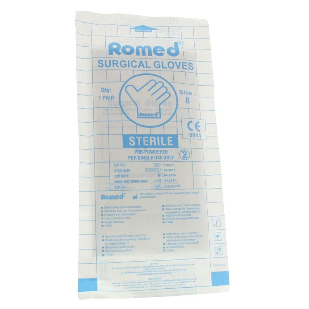 Romed chirurgische latex handschoenen, maat 8, steriel, gepoederd.