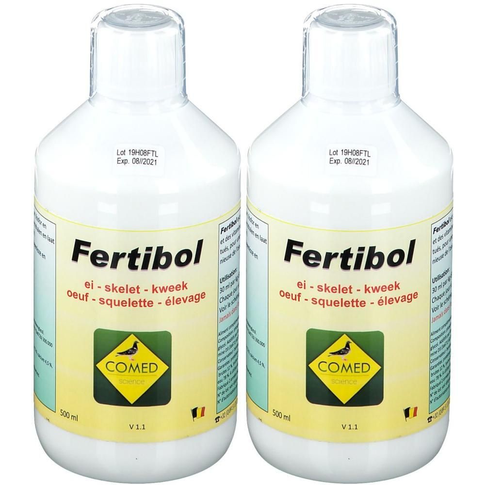 Deux bouteilles de Fertibol de 500 ml chacune. Logo COMED avec oiseau. Texte en allemand, néerlandais, français, italien.