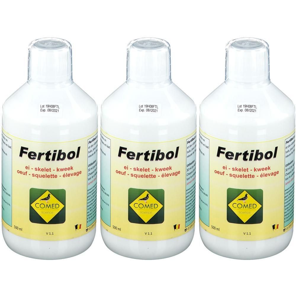 Drie flessen Comed Fertibol Solution voor duiven. Witte flessen met geel etiket en zwarte tekst.