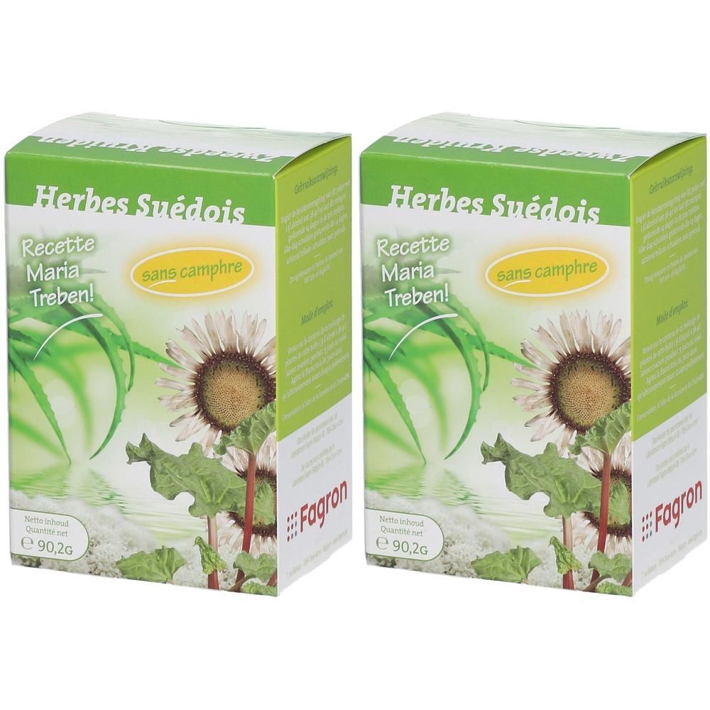 Deux boîtes de Herbes Suédoises recette Maria Treben, sans camphre. 90,2g.