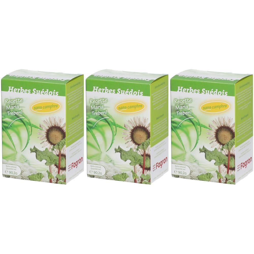 Drie pakken Zweedse kruiden zonder kamfer, recept Maria Treben. Groene verpakking met bloemmotief.