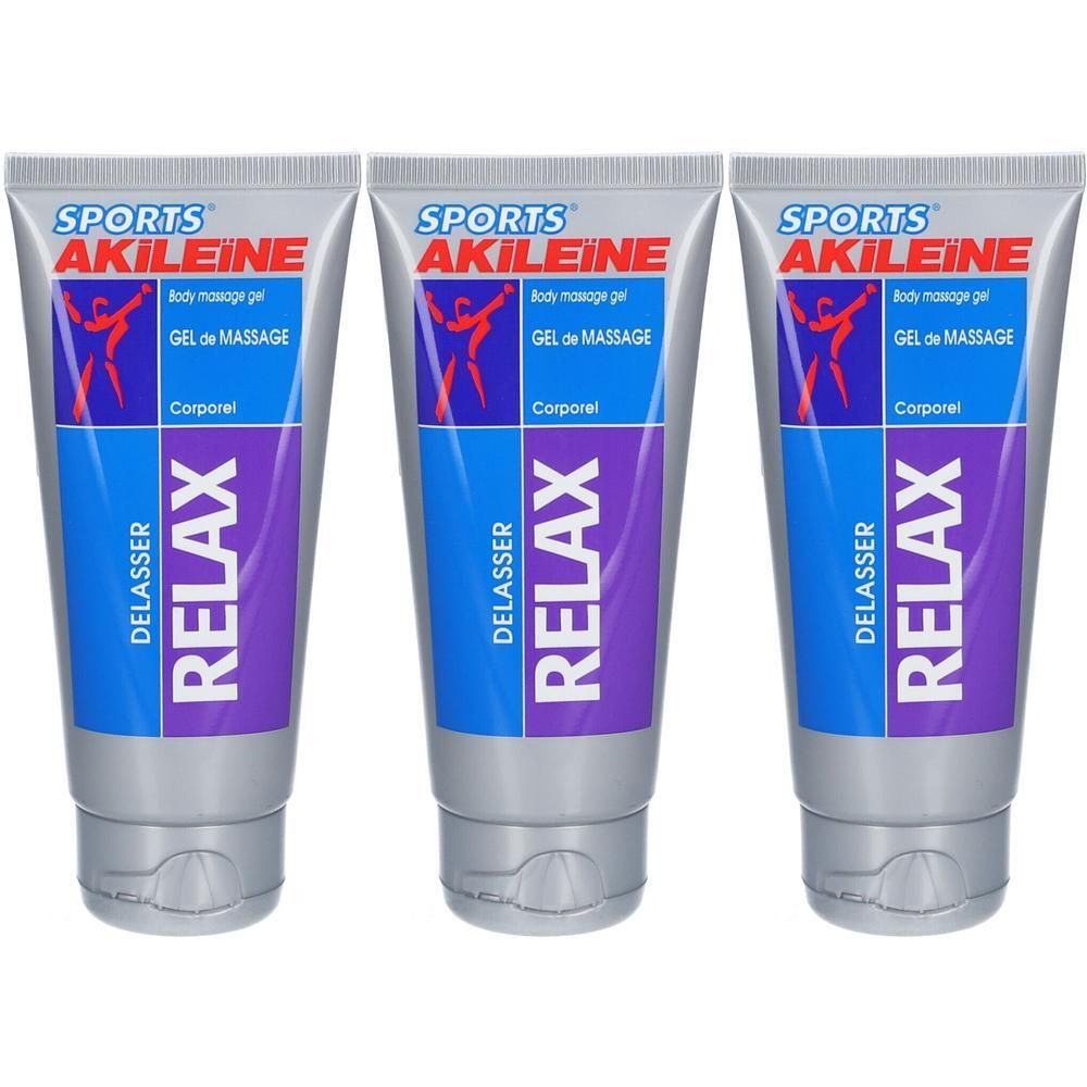 Drie tubes Akileïne Sports Gel Relax. De gel is bedoeld voor lichaamsmassage.