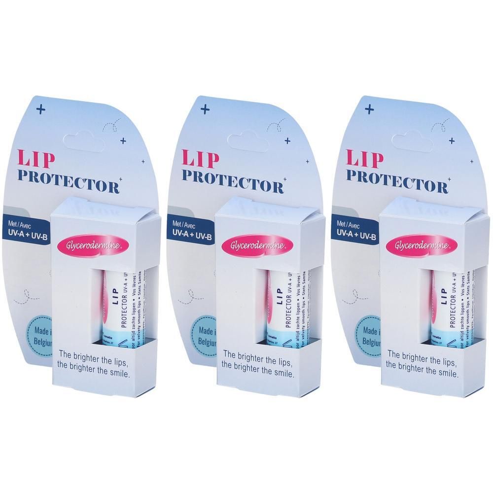 Drie verpakkingen lippenbalsem met UV-bescherming. Elke verpakking bevat één lippenbalsemstift.