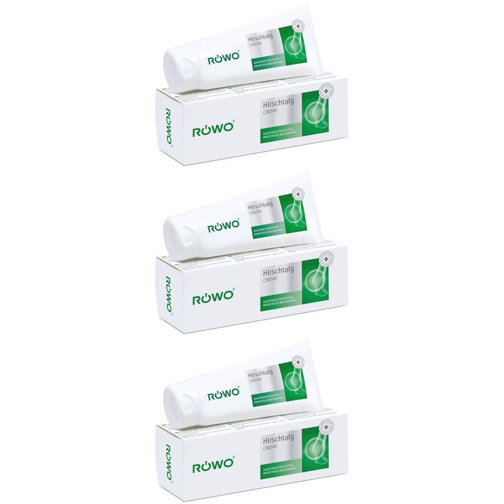Drie tubes RÖWO Hirschtalgcrème met doosjes. Witte tubes met groene tekst en logo.