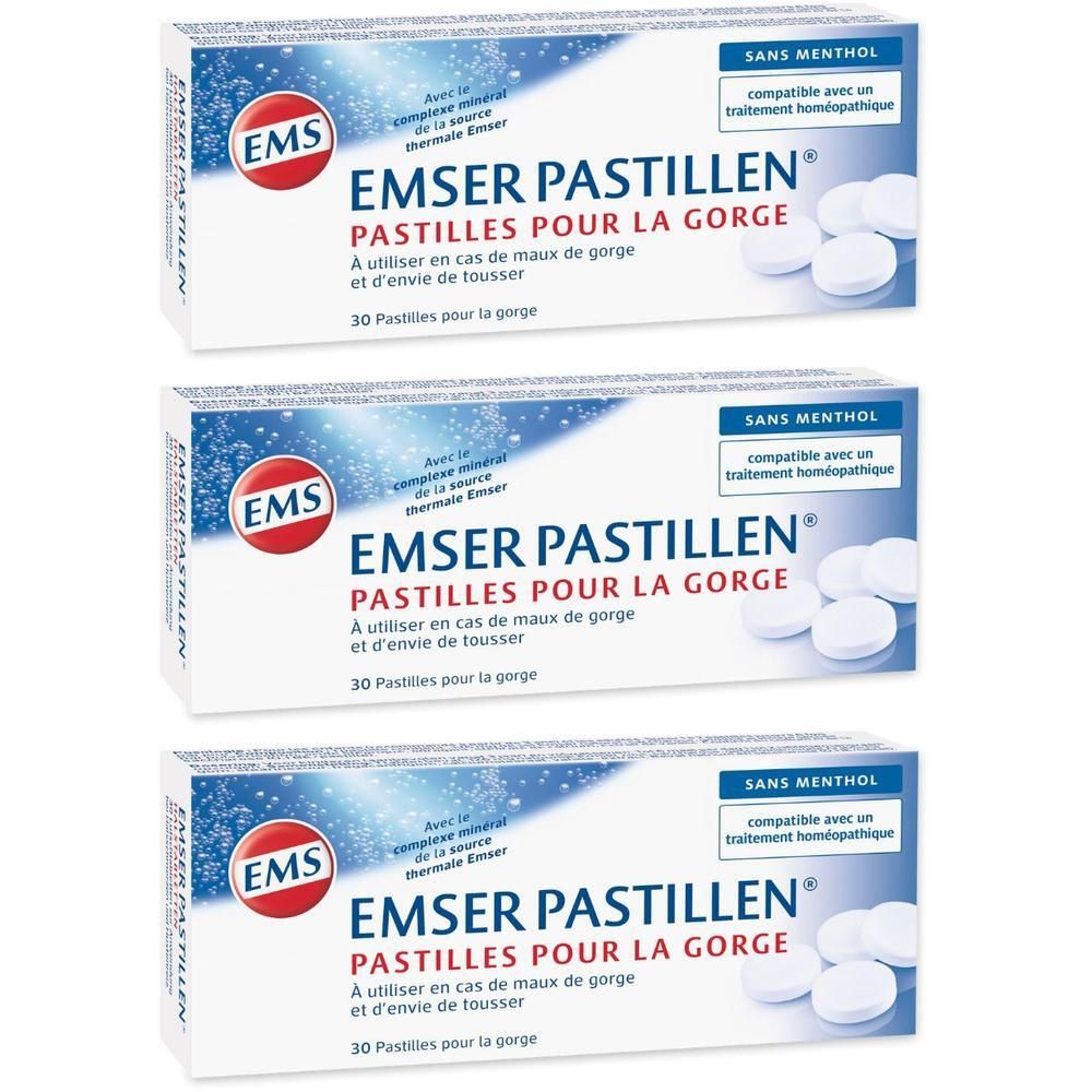 Trois paquets de pastilles Emser Pastillen®, 30 pastilles par paquet.