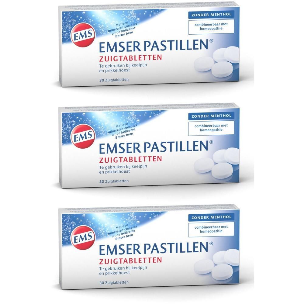 Drie pakken Emser Pastillen® zuigtabletten, 30 zuigtabletten per pak.