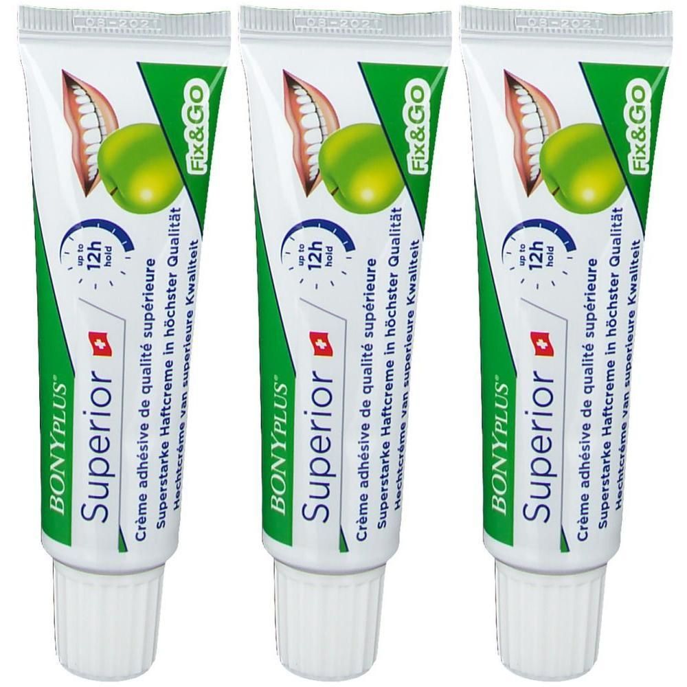 Drie tubes Bony Plus Superior hechtcrème met Zwitserse vlag en appelafbeelding.