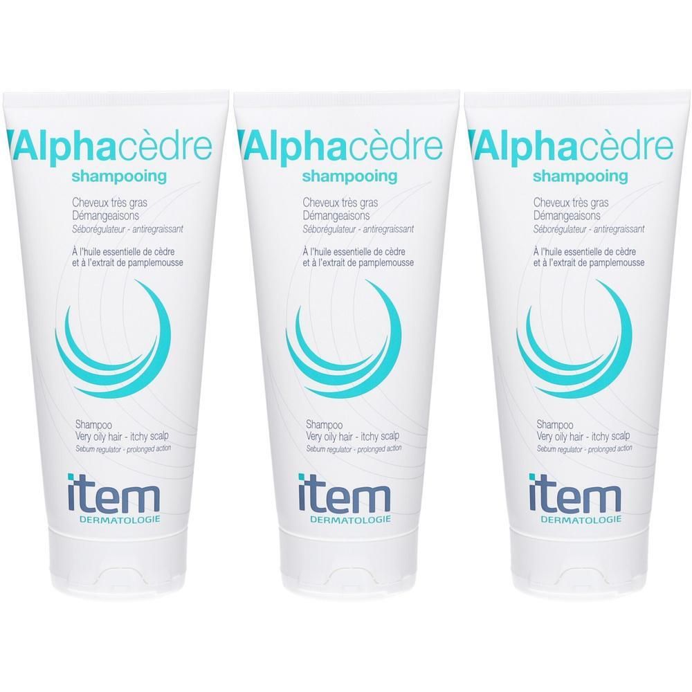 Drie tubes Item Shampoo Alpha Cèdre voor zeer vet, jeukend haar.