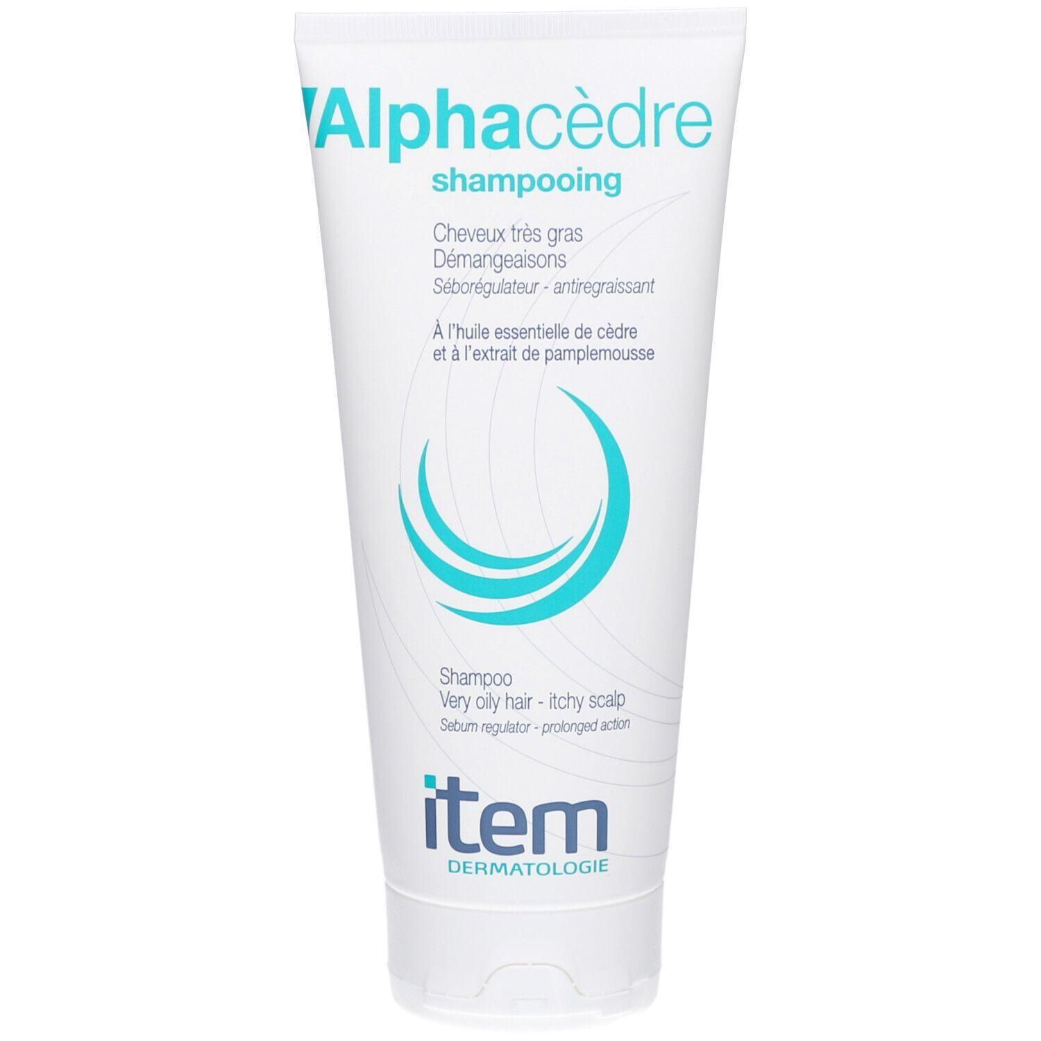 Shampooing Item Alpha Cèdre pour cheveux très gras et cuir chevelu irrité.